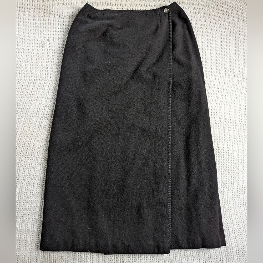 VTG Talbots Skirt 10 Wool Blend Midi Straight Pencil Faux Wrap Skirt USA Black